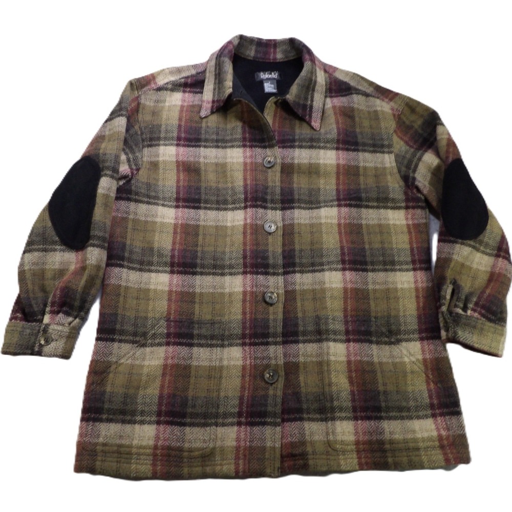 Rafaella‎ Women Plaid Wool Blend Button Down Jacket Elbow Patch Multicolor Large